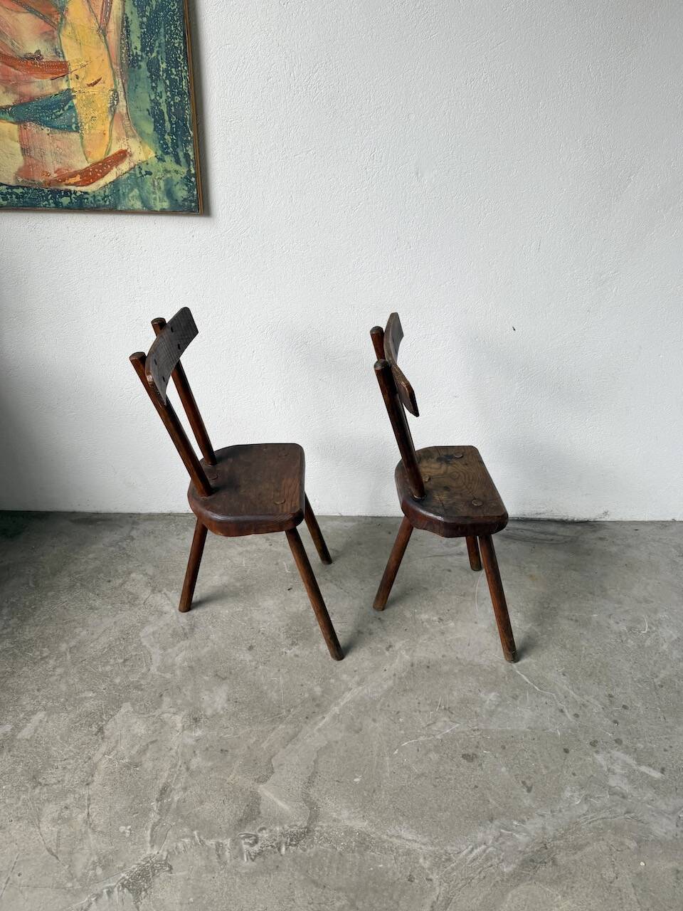 Pair of Savoyard tripod chairs, folk art, oak.