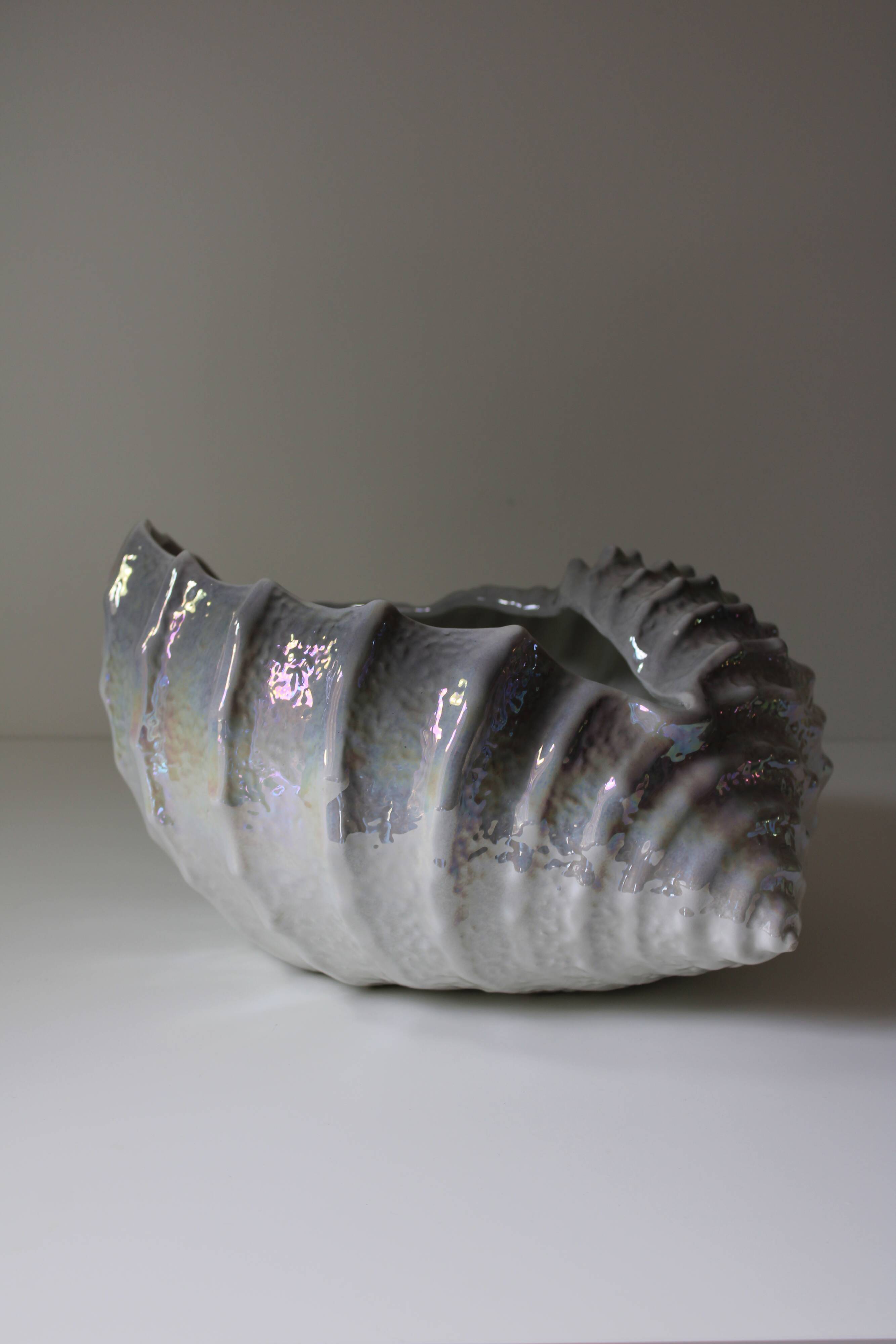 Large iridescent barbotine shell bowl, Italy vintage