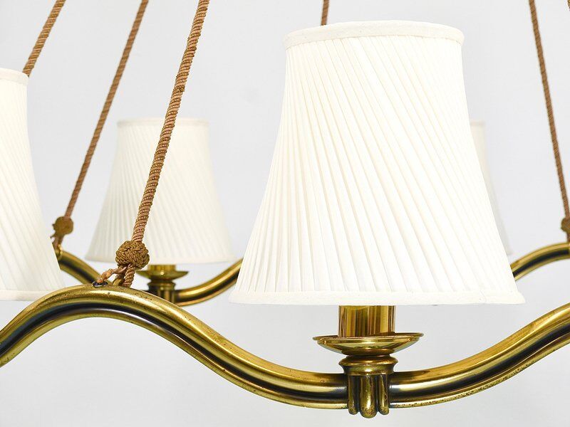 Large Viennese Modernism curved brass wave chandelier by Hugo Gorge, 1940s