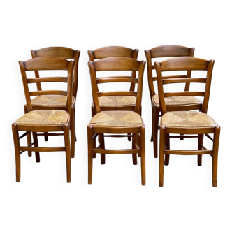 6 chaises bois massif chêne moyen et paille