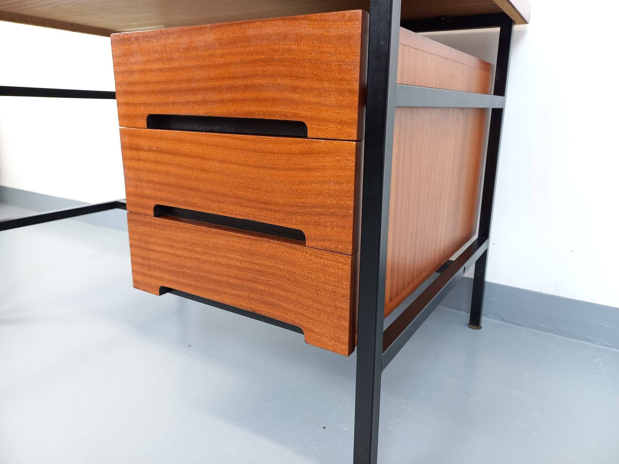 Vintage modernist double-sided desk in mahogany and black metal from the 1960s