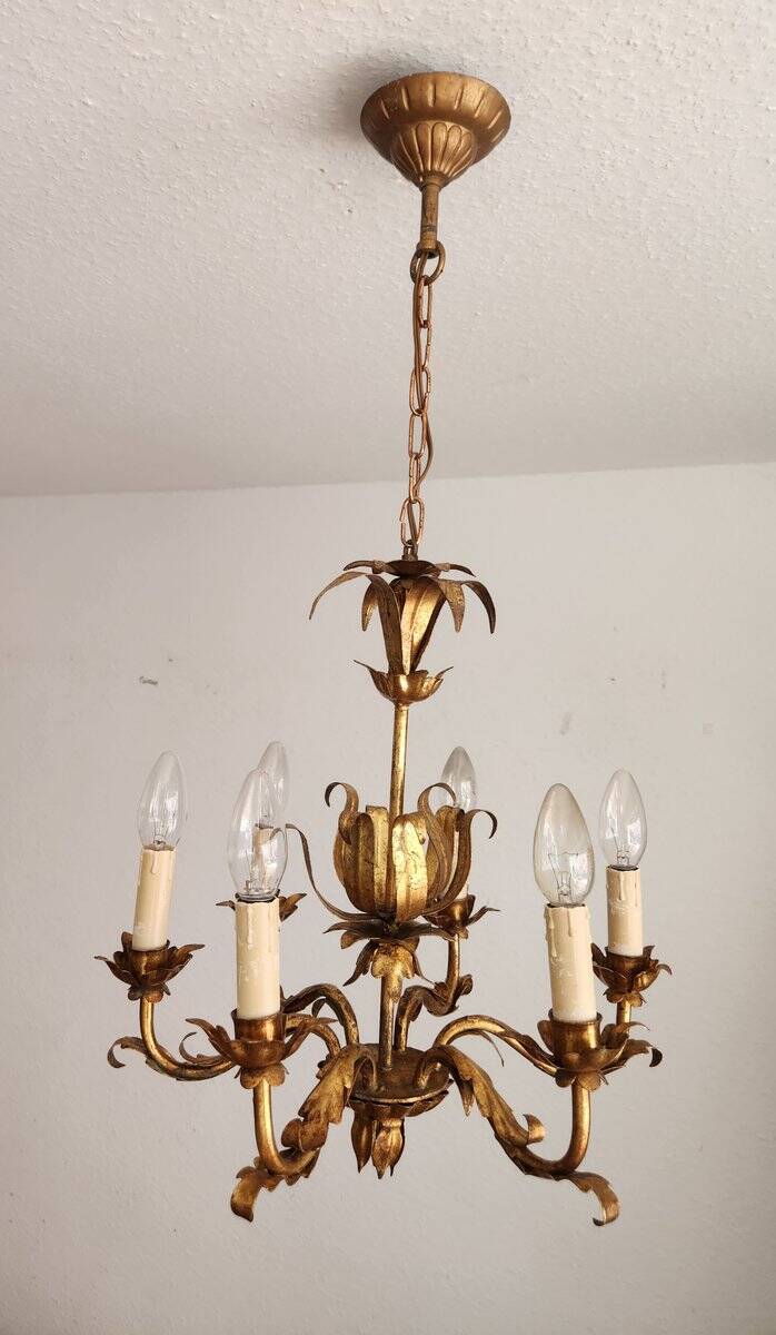 Vintage Hollywood Regency 6 light Chandelier gilded Italy Florence 1950-60