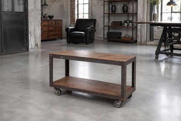 Table basse industrielle en métal et bois, table à roulettes, chariot, table vintage, décoration intérieure