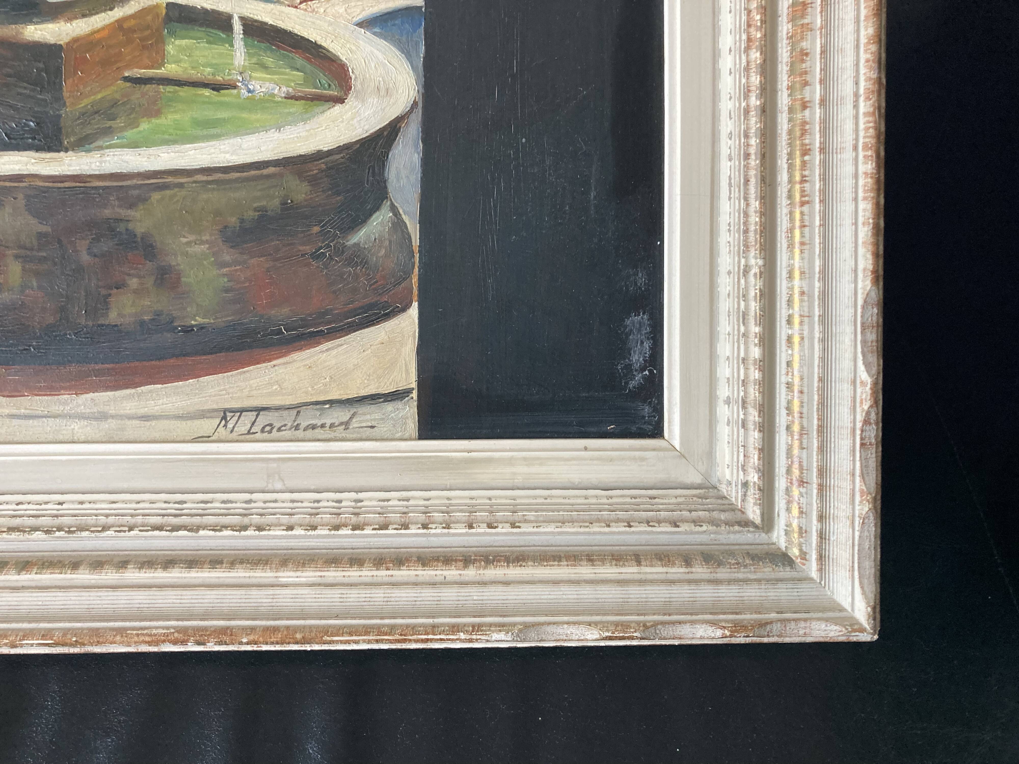 Framed oil fountain painting