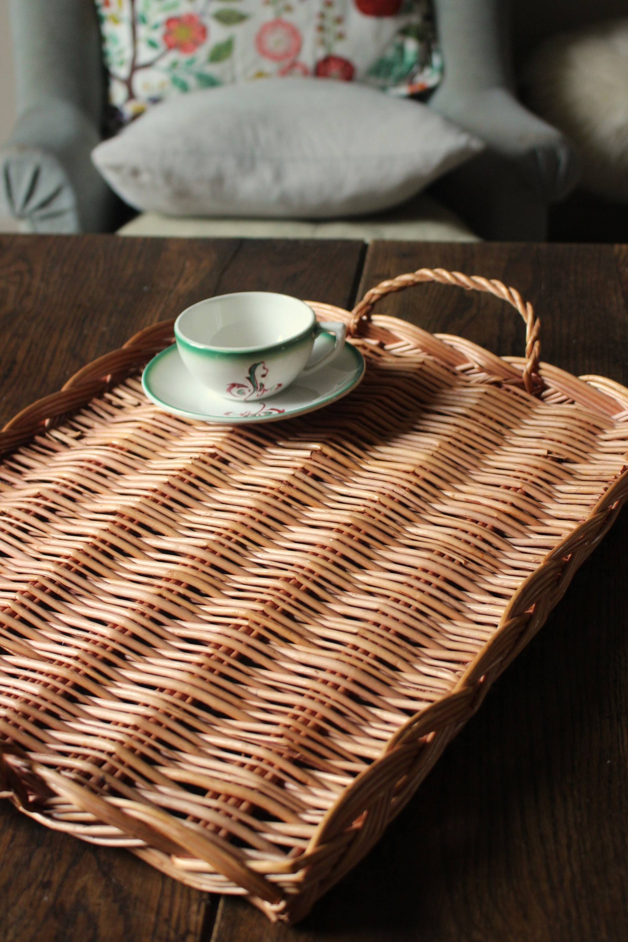 Large rectangular dark wicker tray with two vintage handles