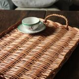 Large rectangular dark wicker tray with two vintage handles