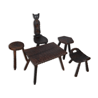 Tripod stool set and brutalist coffee table