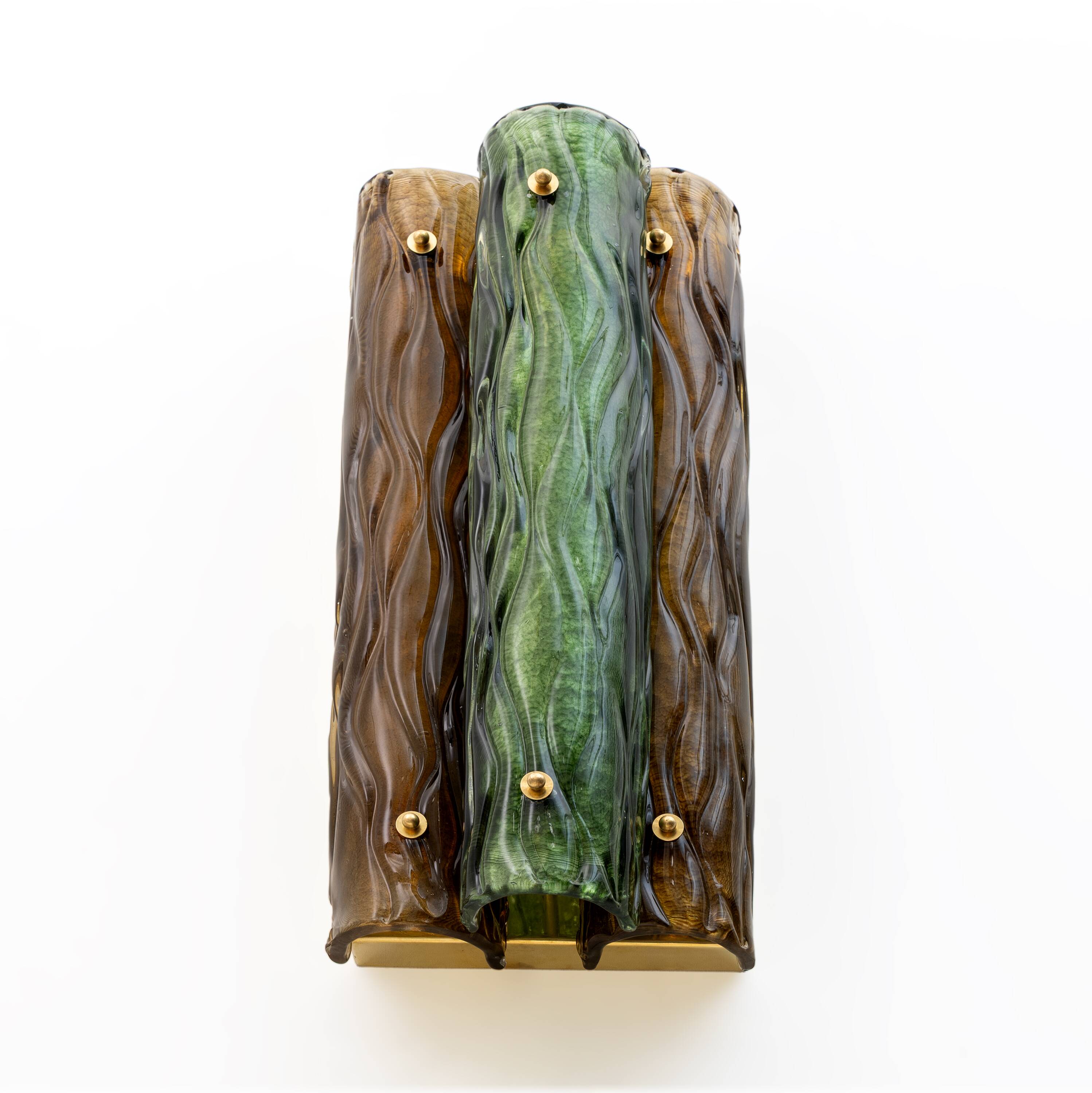 Pair of Modern Amber and Green Murano Glass and Brass Sconces