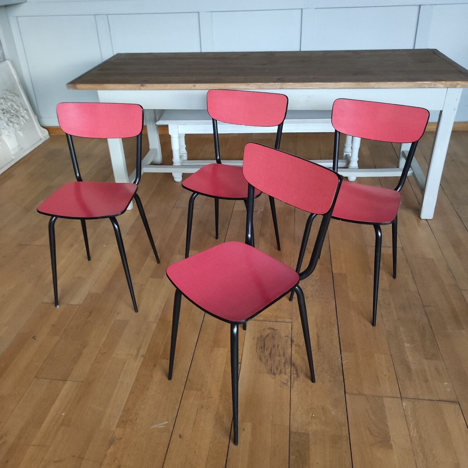 4 restored red formica chairs with black legs