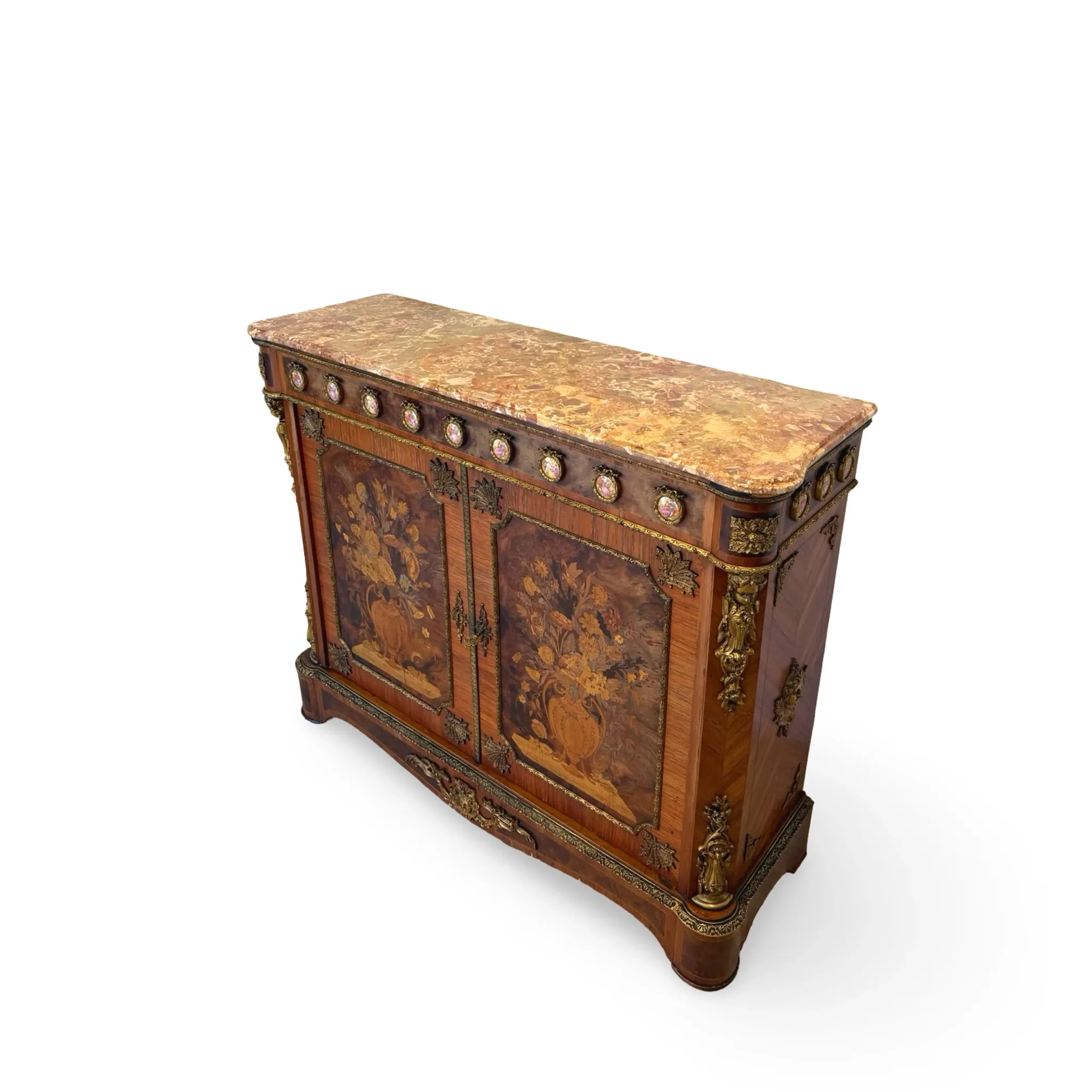 An antique French Louis XVI-style marble-top side cabinet