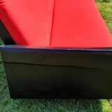 Vintage sofa 3 places convertible, red fabric and black skaï.1960s.