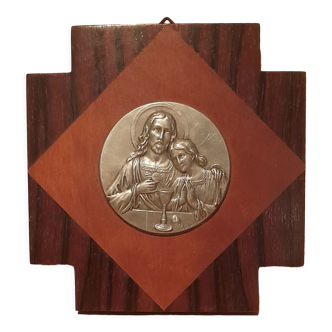 Religion/ Eucharistic wall frame - wood & silver metal, signed O. Ruffony, art deco
