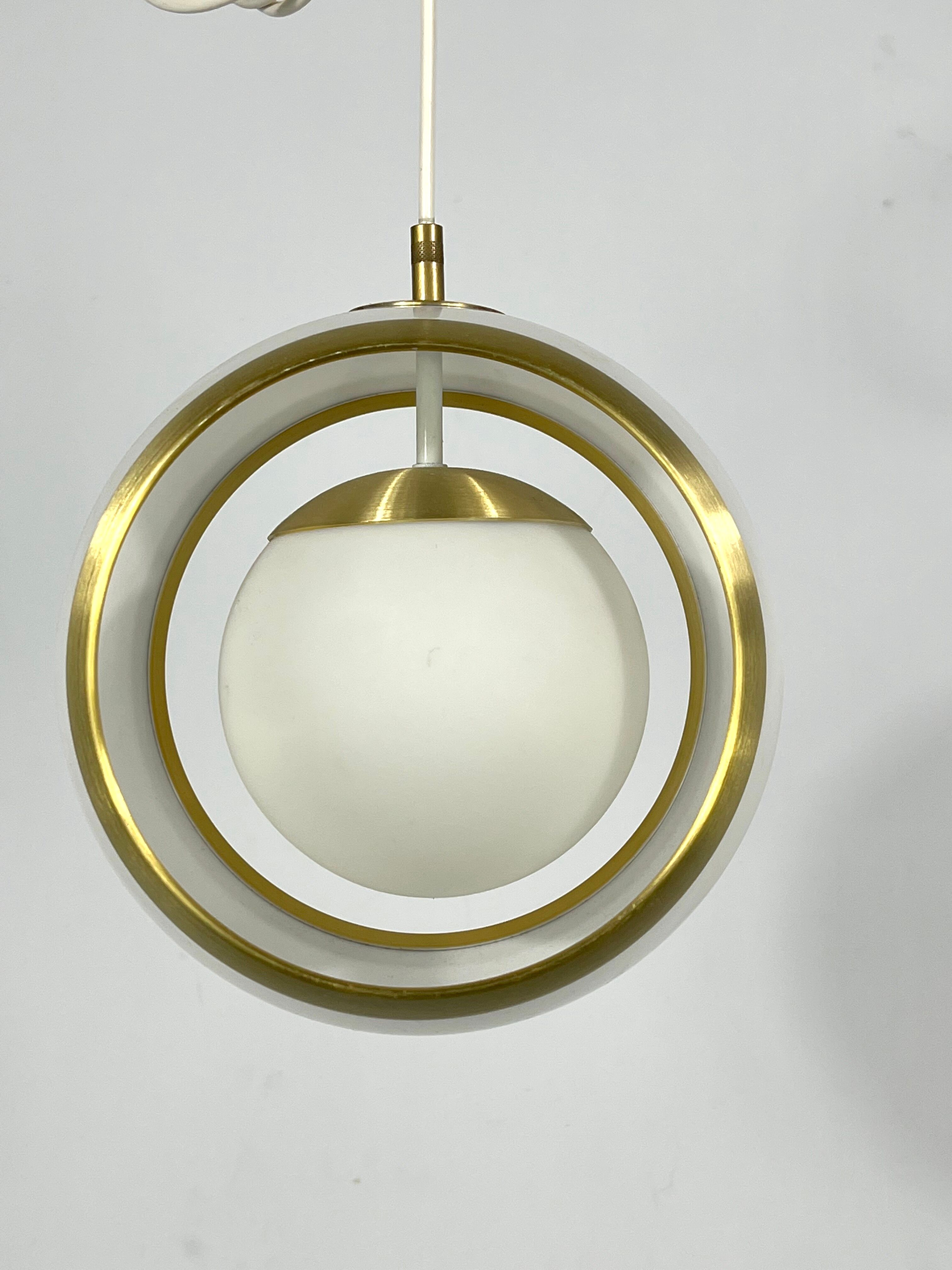 Stilux Milano, gilded aluminum, opaline and perspex pendant. Italy 1960s