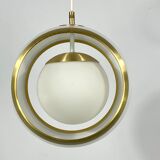 Stilux Milano, gilded aluminum, opaline and perspex pendant. Italy 1960s