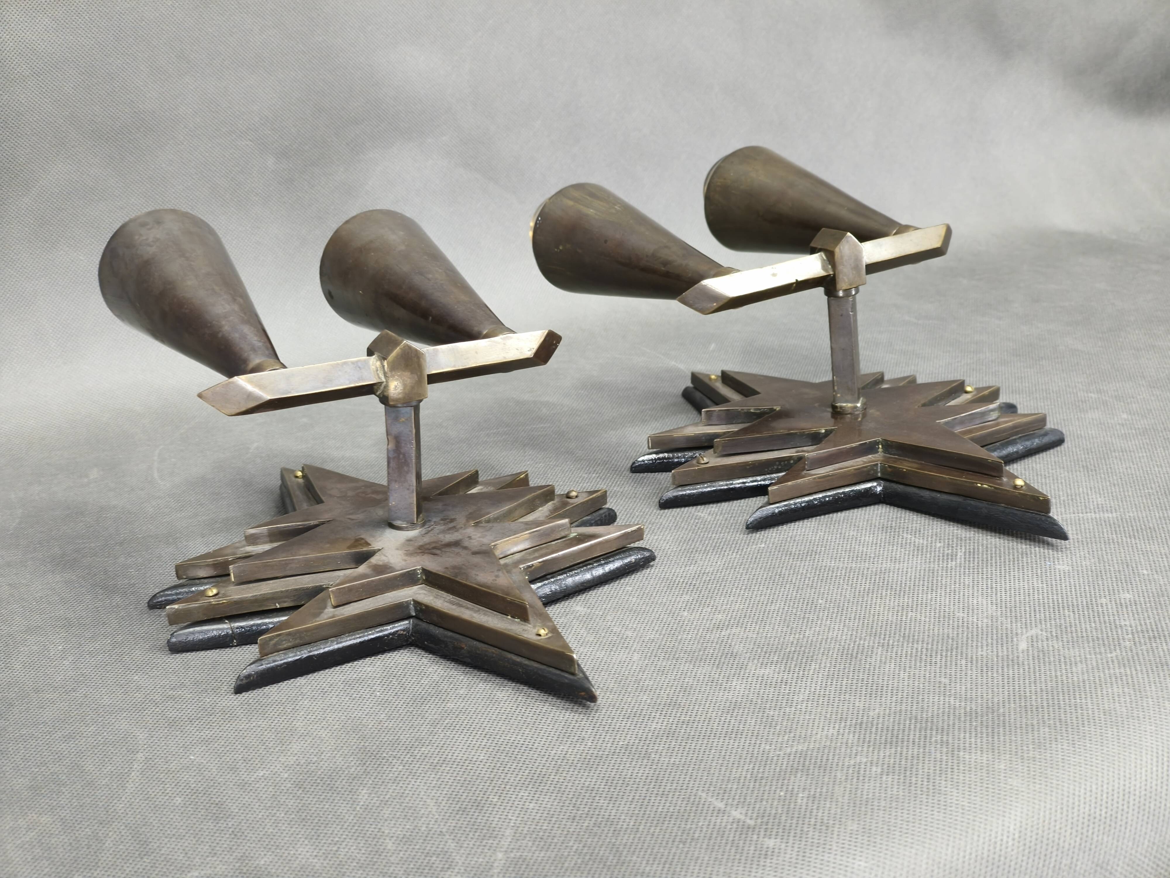 Pair of Czech Cubist Brass Wall Lights, Czechoslovakia, 1920s