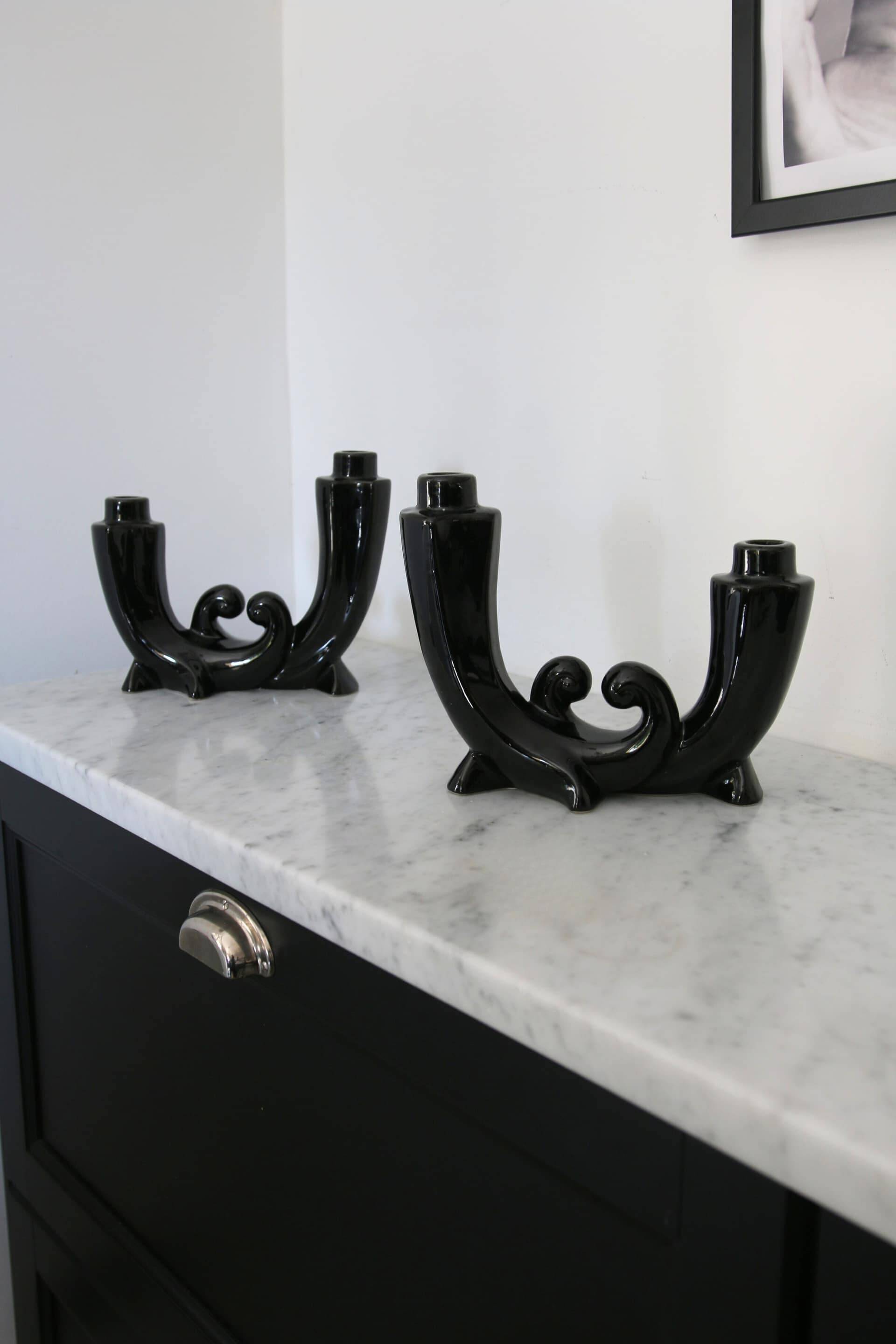 Pair of Art Deco candle holders in black ceramic