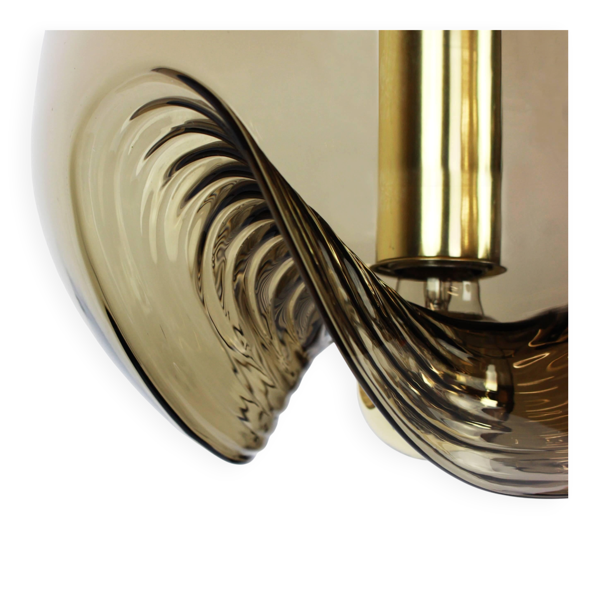 One of the four large smoked glass pendants by Peill & Putzler, Germany, 1970s.