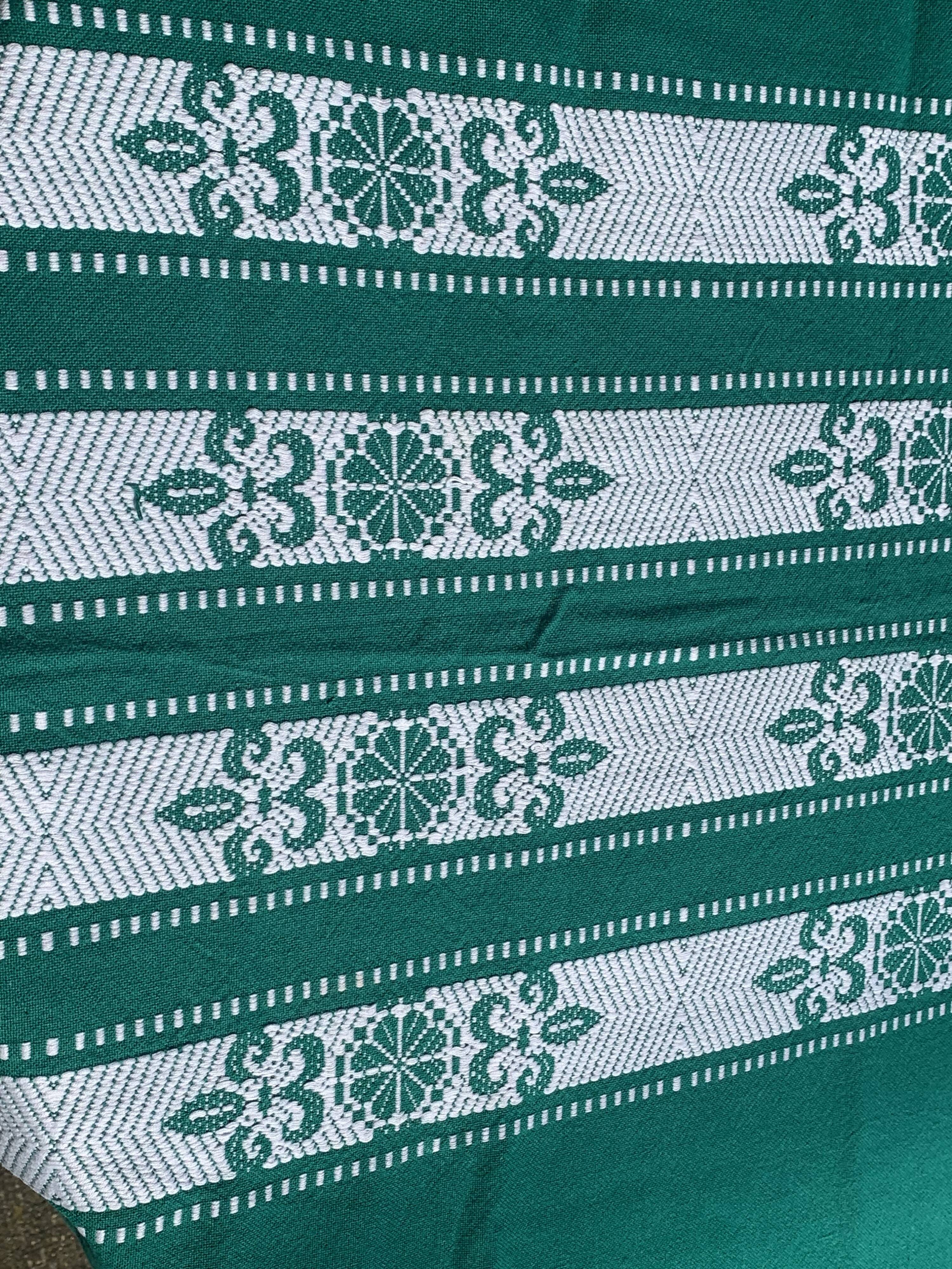 Helena Biarritz tablecloth, made in France, Basque linen, green with white embroidery, Vintage