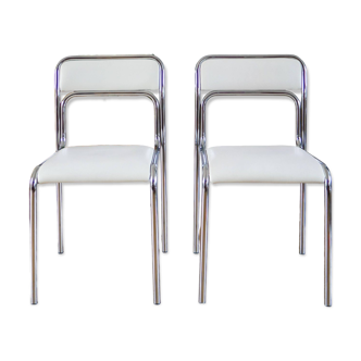 Paire de chaises en chrome et skaï Blanc, Design, 1970