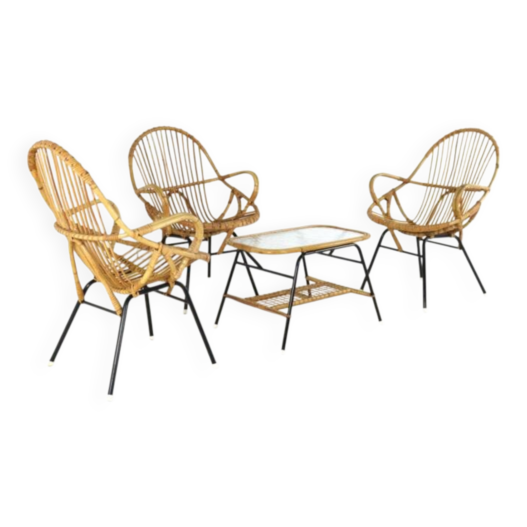 Set of 3 rattan chairs + coffee table - mid century dutch design