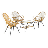 Ensemble de 3 chaises en rotin + table basse - design néerlandais des années 50