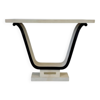 Italian Art Deco Parchment, Brass, Black Console, In the style of Borsani,