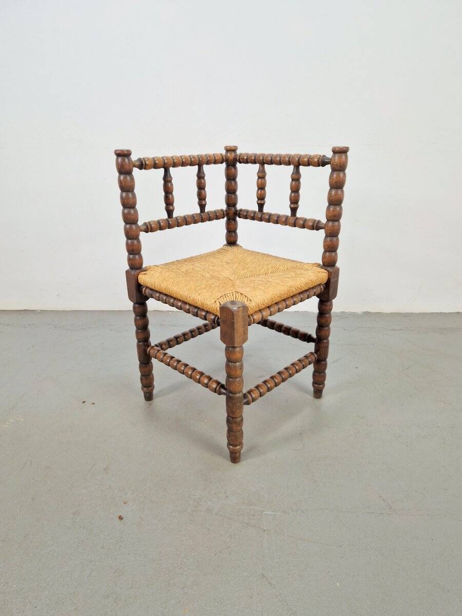 Mid-Century Modern Arts and Craft Style Bobbin Corner Chair in Oak with Rush Seat, 1950s