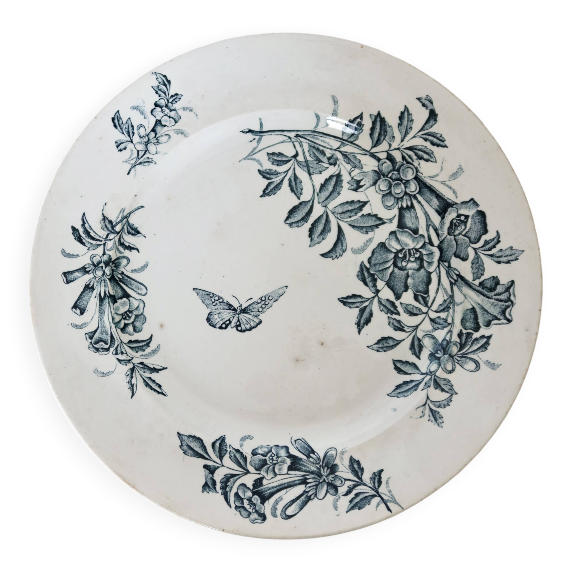 Antique Badonviller Jasmin earthenware serving platter with floral and butterfly decoration