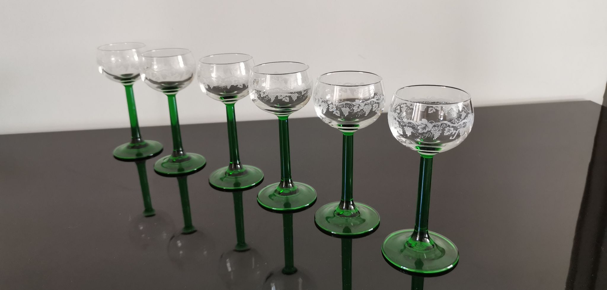 6 Vintage Alsace wine glasses with green feet decorations Bunches of Grapes and Vines