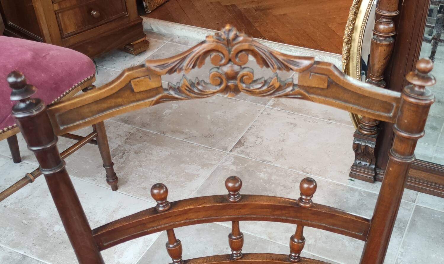 Pair of old velvet chairs in old rose carved wood
