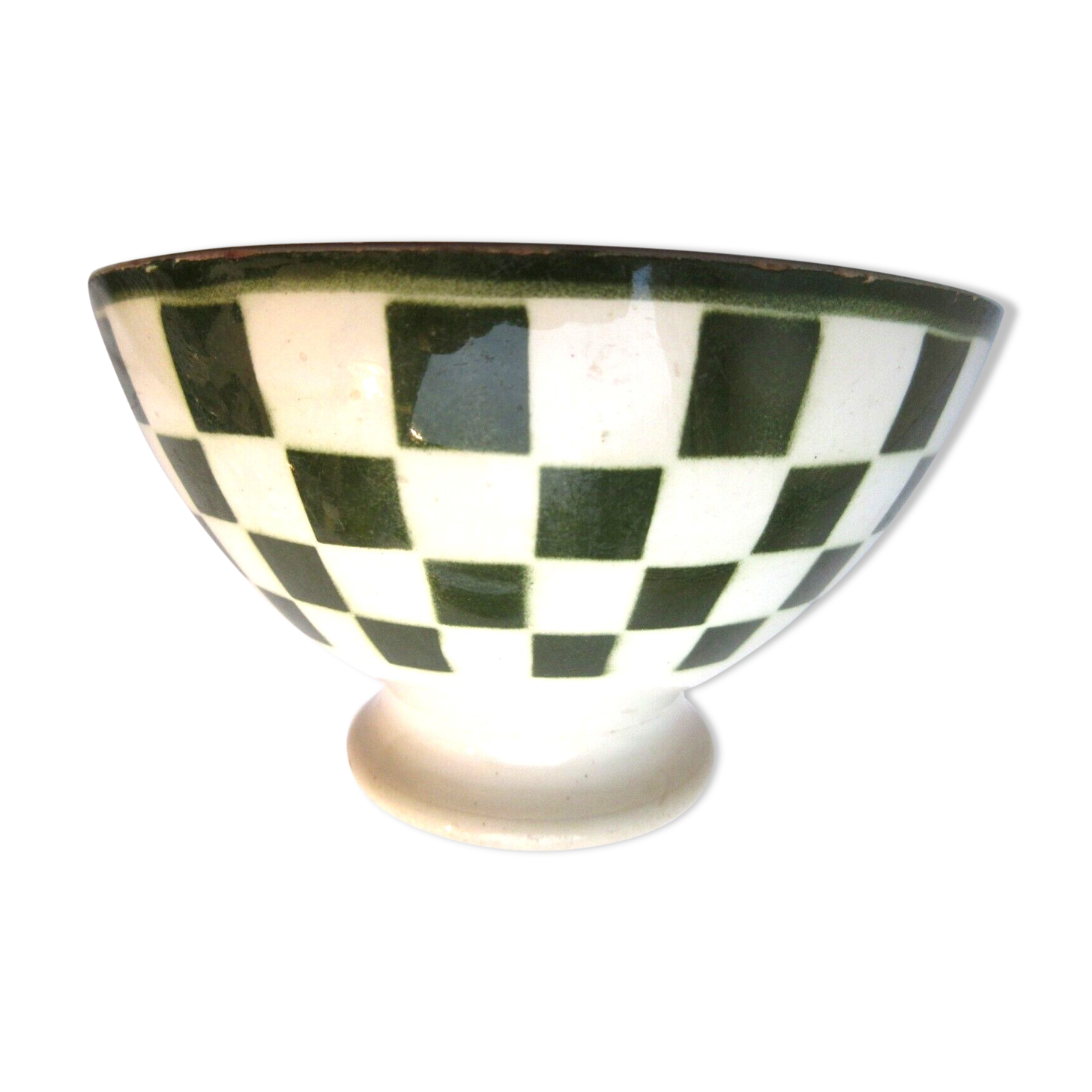 Old Art Deco bowl, green checkerboard décor, Badonviller