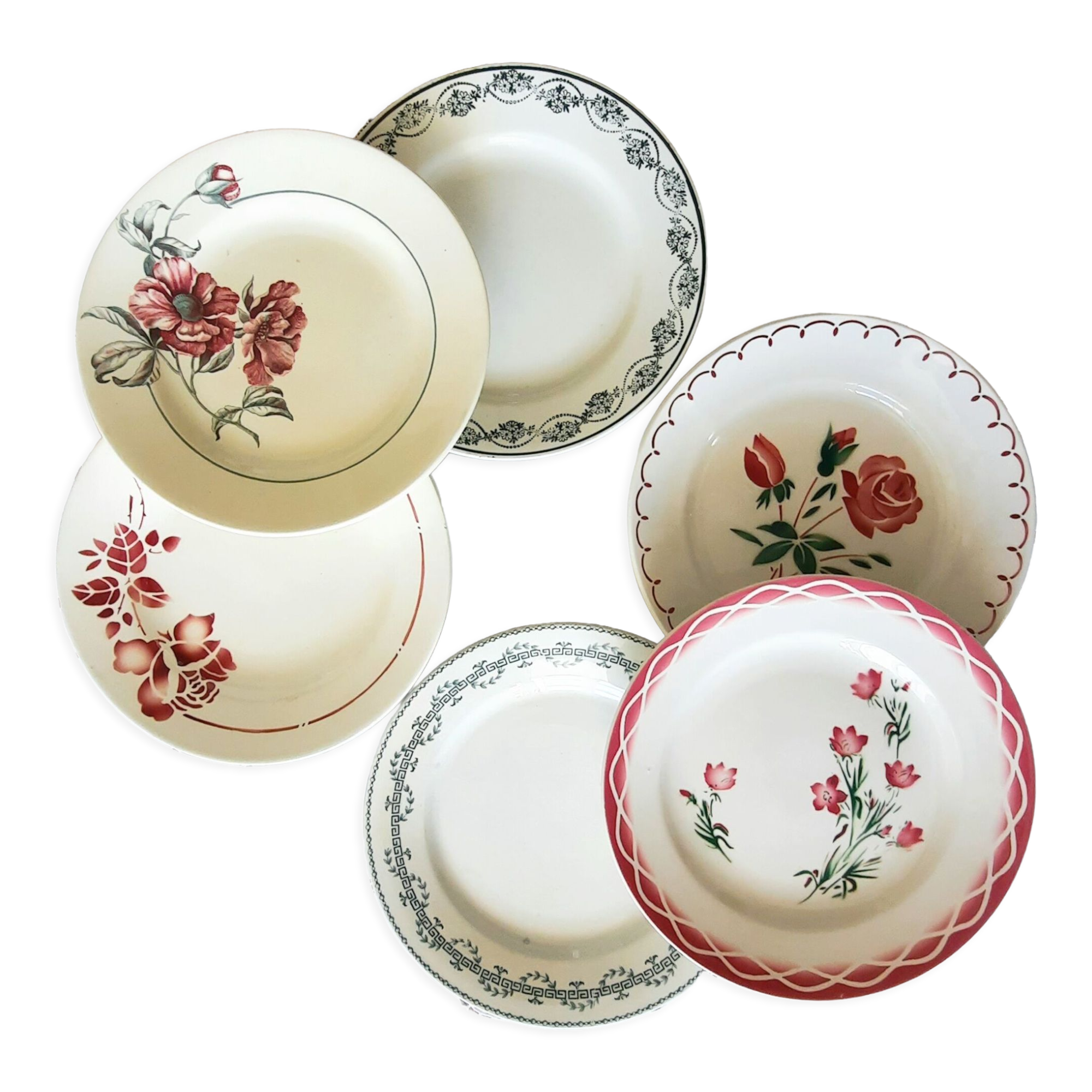 Old flat plates mismatched in earthenware