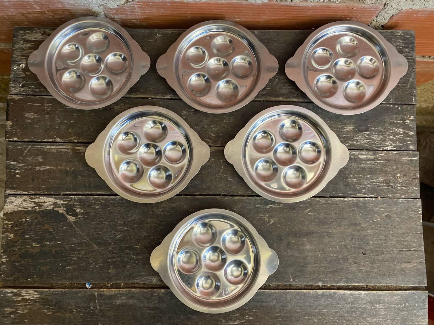 Set of 6 Stainless Steel Escargot Plates with 6 Compartments Made in Japan Used