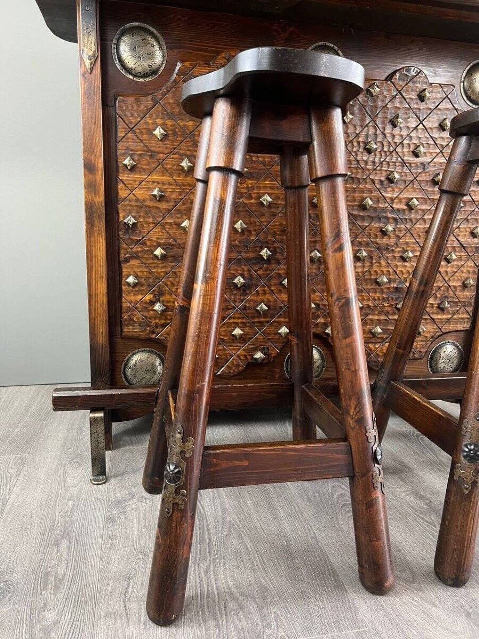 Rustic Carved Wooden Bar with Stools and Wine Chest, 20th Century