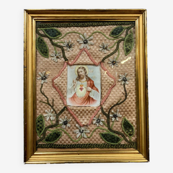 Broderie religieuse du XIXeme siècle : tableau ex voto avec une image pieuse