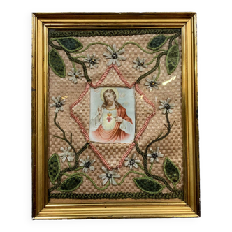 Broderie religieuse du XIXeme siècle : tableau ex voto avec une image pieuse