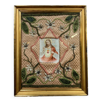 Religious embroidery from the 19th century: ex voto painting with a pious image