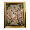 Broderie religieuse du XIXeme siècle : tableau ex voto avec une image pieuse
