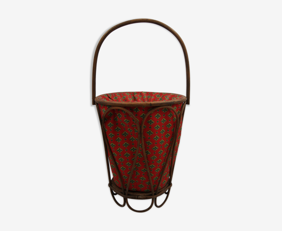 Travailleuse rotin tissus vintage