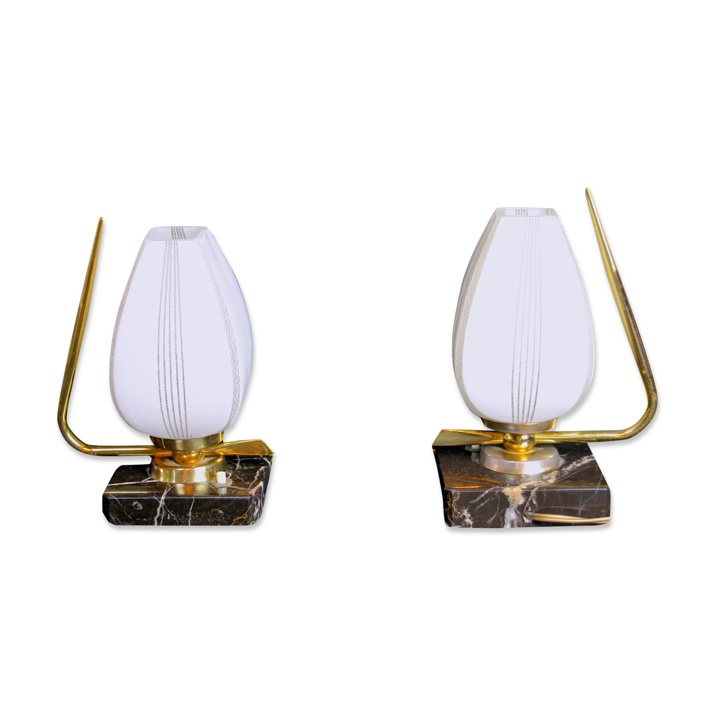 Mid 20th Century Marble Brass and Opaline Bed-Side Lamps, Maison Arlus, France - a Pair
