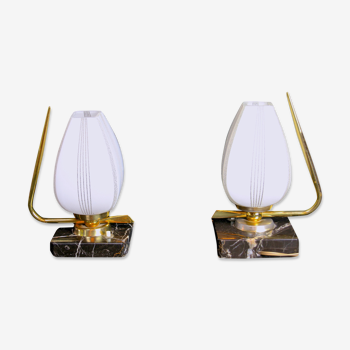 Mid 20th Century Marble Brass and Opaline Bed-Side Lamps, Maison Arlus, France - a Pair