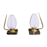 Mid 20th Century Marble Brass and Opaline Bed-Side Lamps, Maison Arlus, France - a Pair