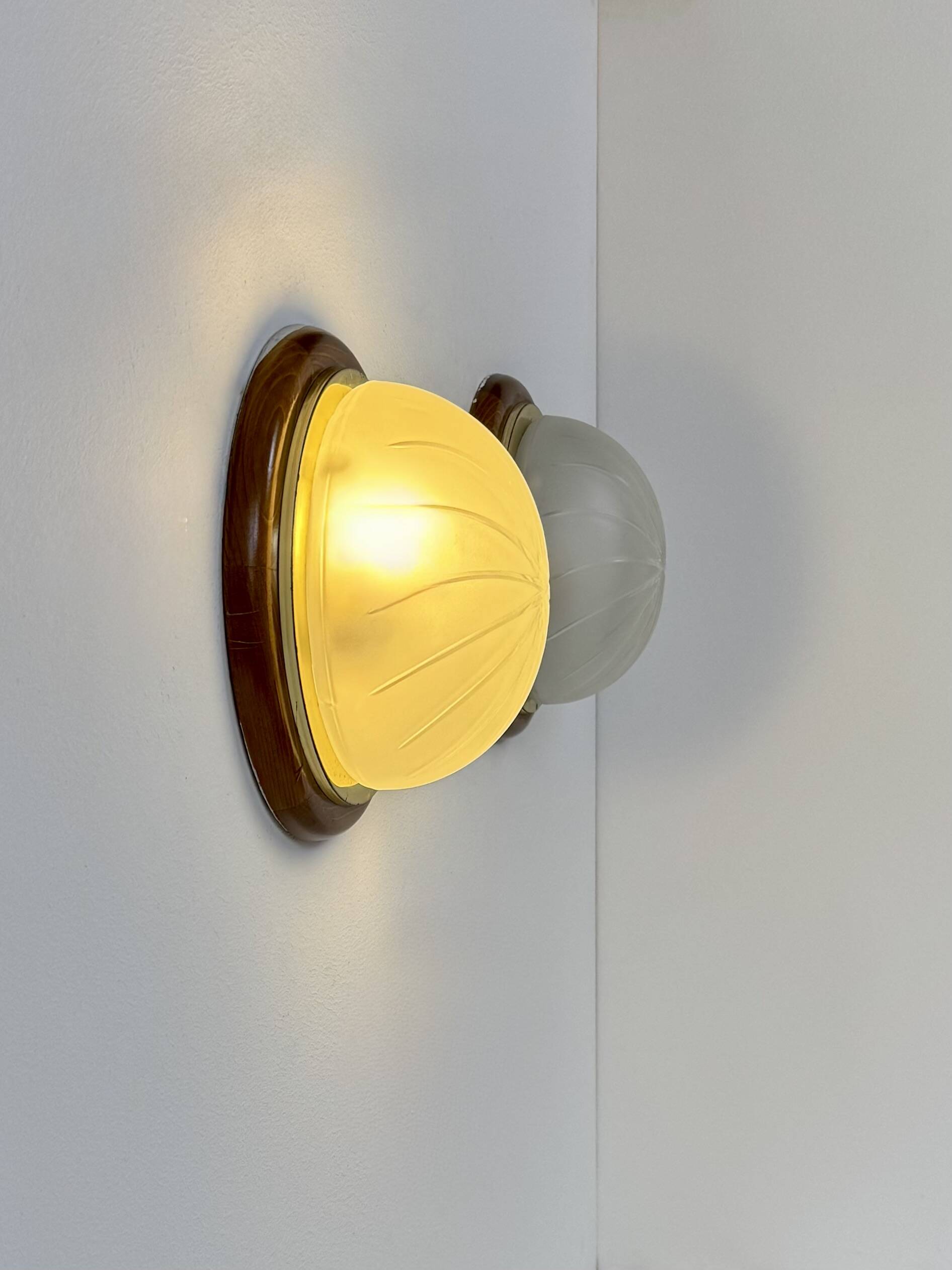 Pair of vintage wall lights, wood, brass and frosted glass, France, 1970.
