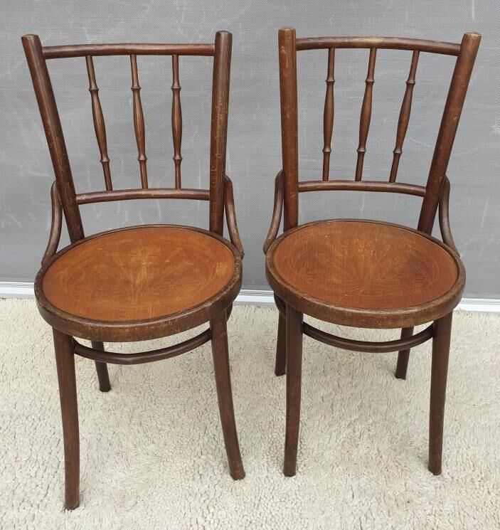 Pair chairs bistrot Thonet pyrograved design 1900 Art Nouveau