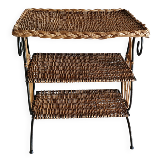 Small antique piece of furniture from the 1960s made of rattan and wrought iron in the shape of a lyre.