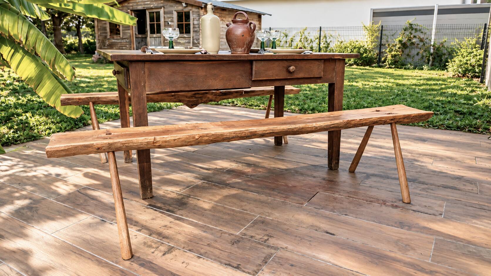 Pair of antique farmhouse benches in solid wood – brutalist style – 180 cm