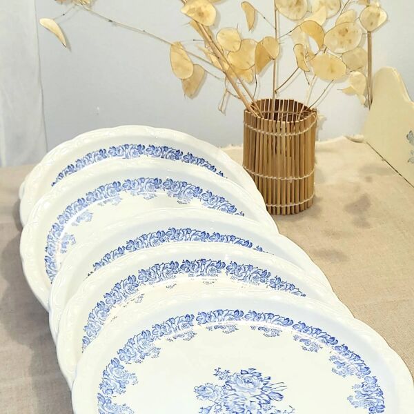 Superbe service de 6 assiettes anciennes à décor floral bleu - Bord festonn