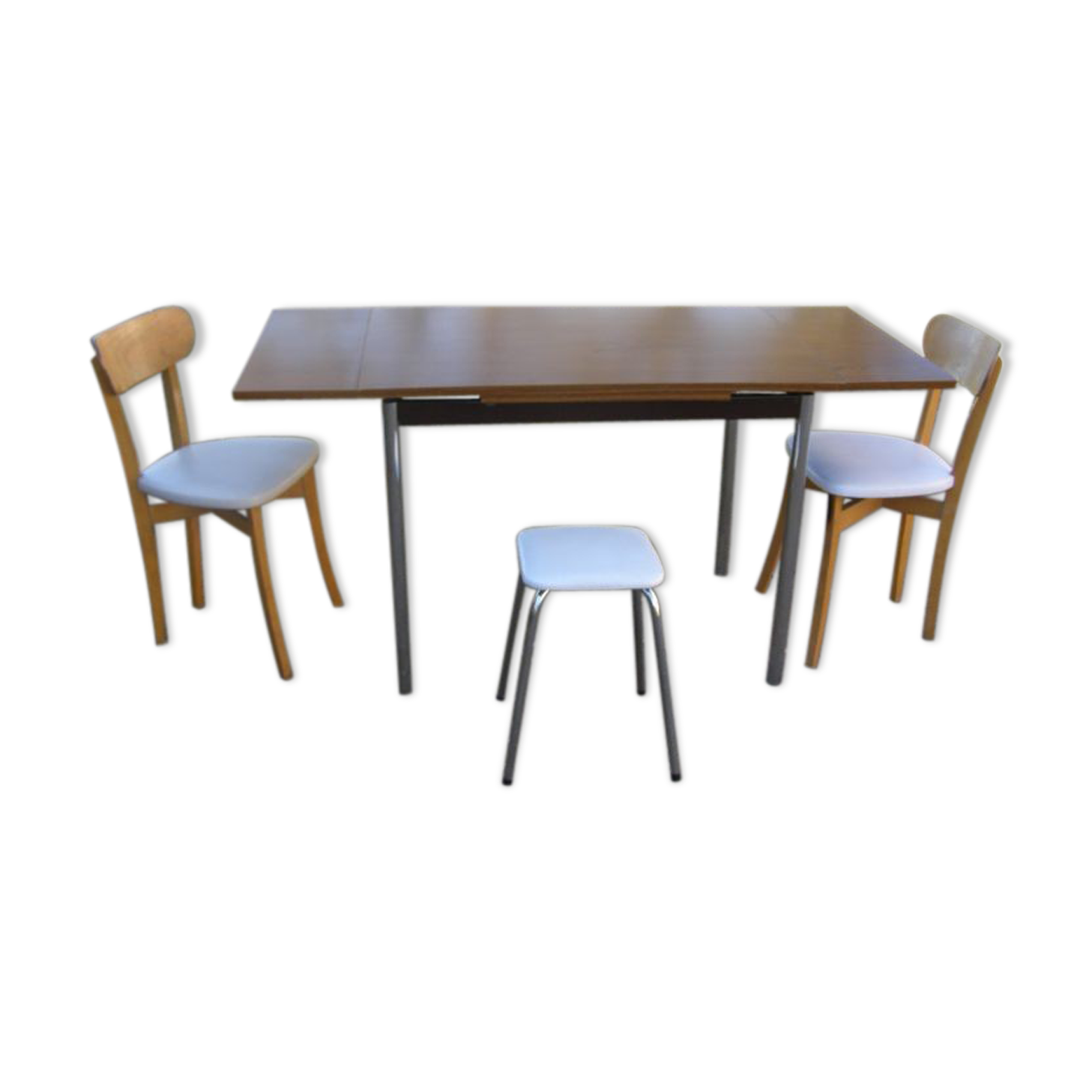 Formica table with 2 extension cords and 2 chairs, 1 stool