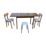 Formica table with 2 extension cords and 2 chairs, 1 stool