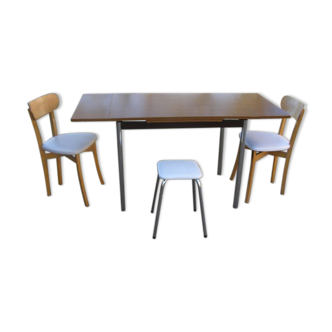 Table en formica avec 2 rallonges, 2 chaises et 1 tabouret